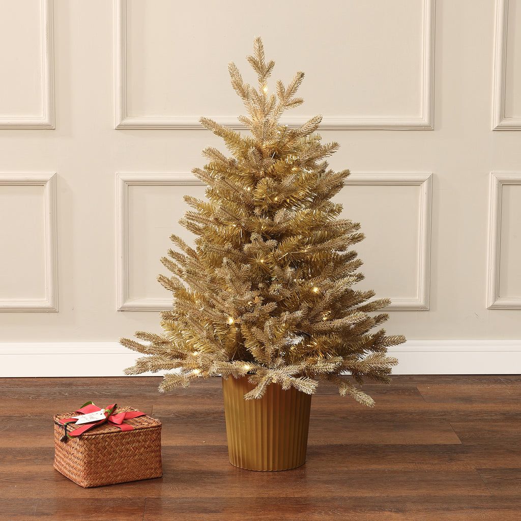 3Ft Gold Branches Artificial Christmas Tree with Battery-Op Lights & Gold Pot