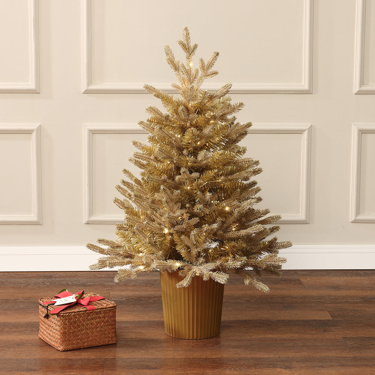 3Ft Gold Branches Artificial Christmas Tree with Battery-Op Lights & Gold Pot