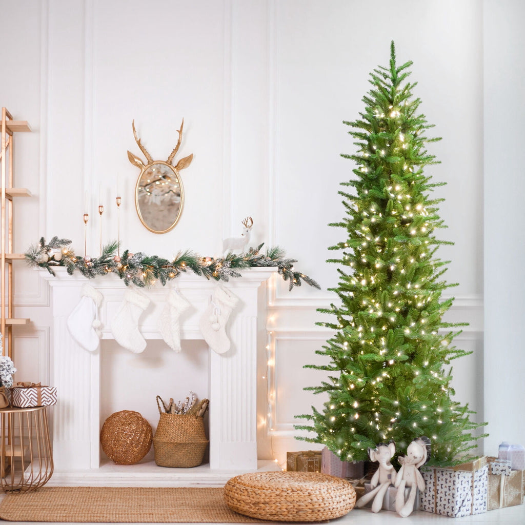 Fraser Hill Farm 6.5-Ft. Carmel Pine Slim Christmas Tree with White Incandescent Smart Lights, FFCP065-3GR
