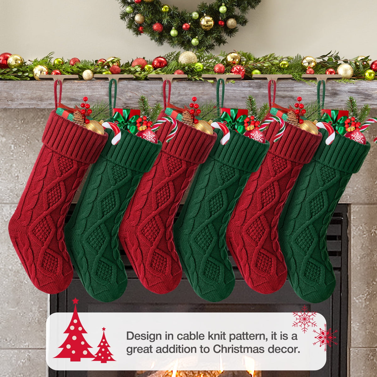 Ayieyill 6pcs Christmas Stockings Large Knitted Xmas Stockings 18 Inches Fireplace Hanging Stockings for Family Holiday Christmas Decoration