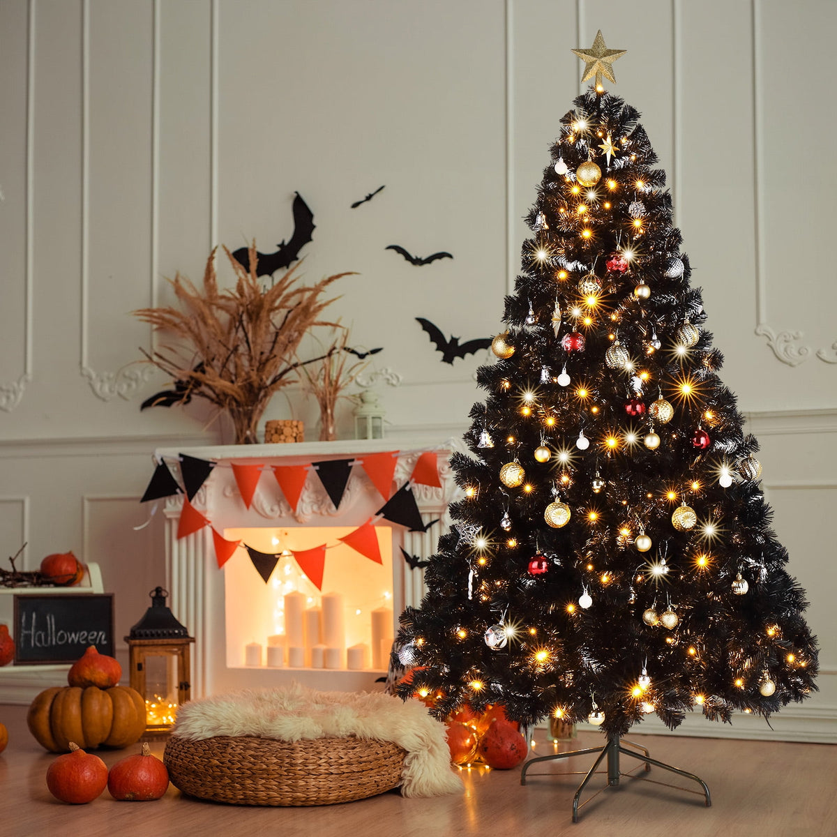 Ktaxon Black Christmas Tree 6ft Artificial Xmas Tree with 250 LEDs,Indoor Holidays Decoration,8 Modes