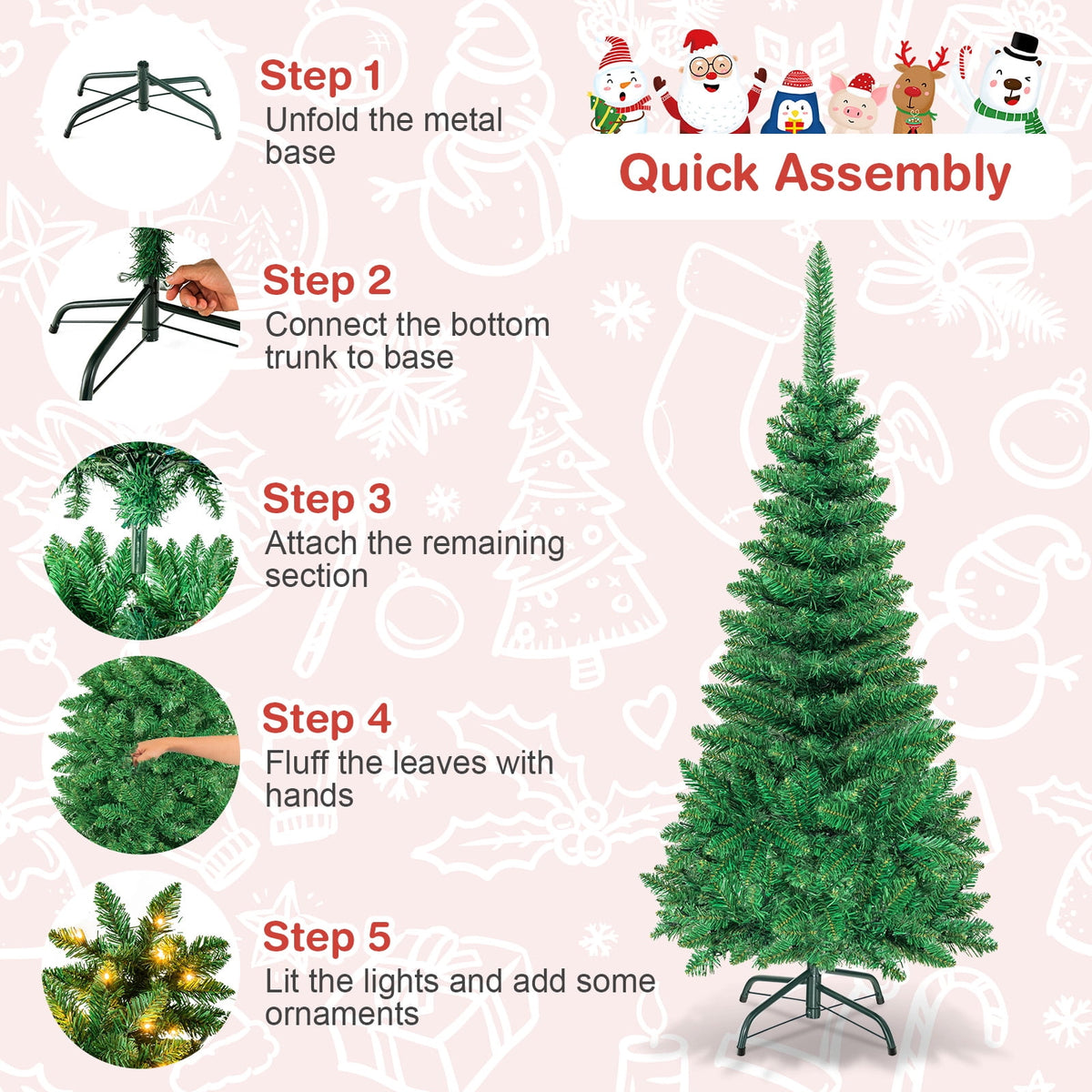 Topbuy 6.5ft Pencil Christmas Tree Pre-Lit Hinged Artificial Decoration w/ 250 Warm White Lights