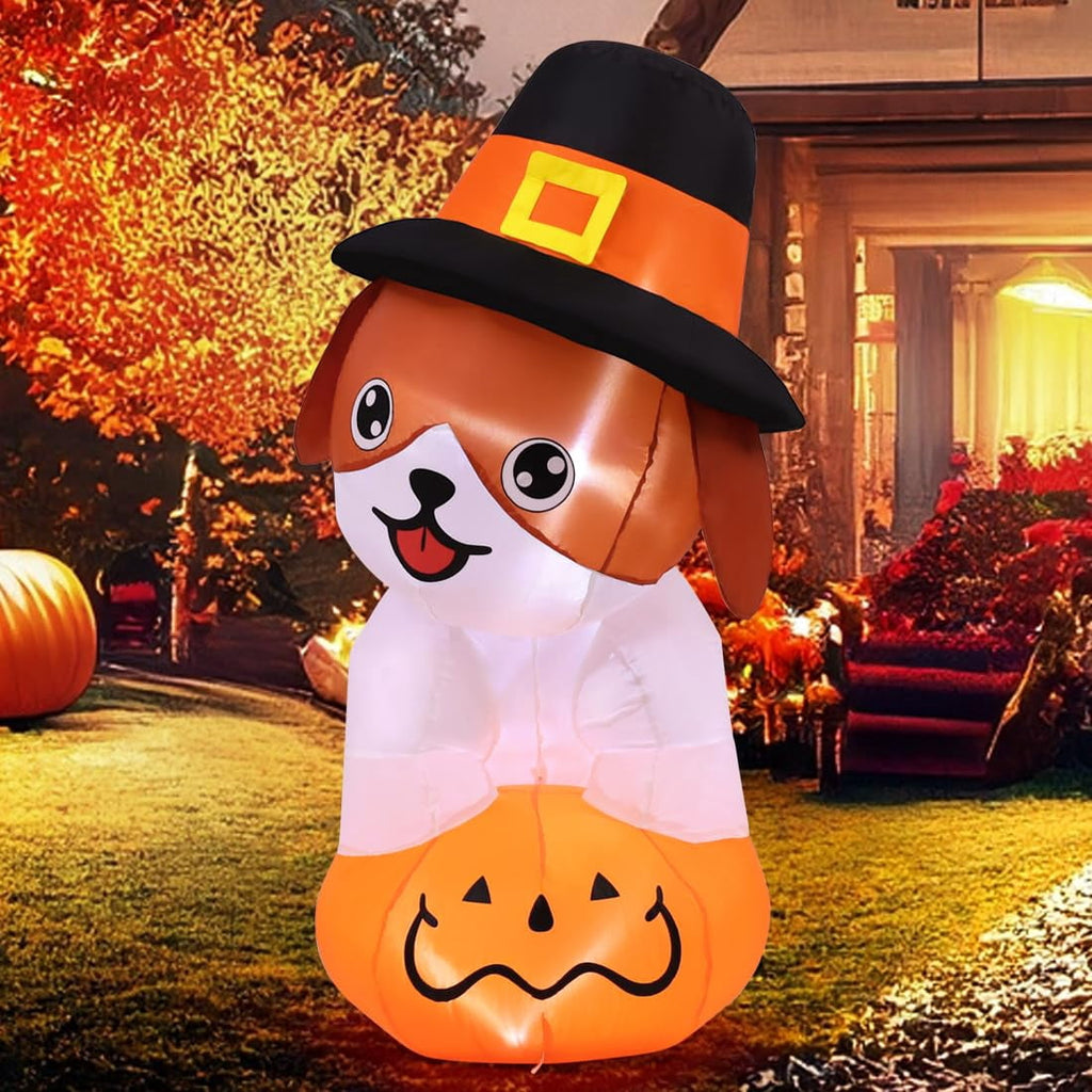 GOOSH 5.2 FT Tall Thanksgiving Inflatables Dog with Pilgrim Hat, Cute Puppy Standing on Pumpkin with Pilgrim Hat with Built-in LEDs, Outdoor Thanksgiving Inflatables Clearance for Garden Party Decor