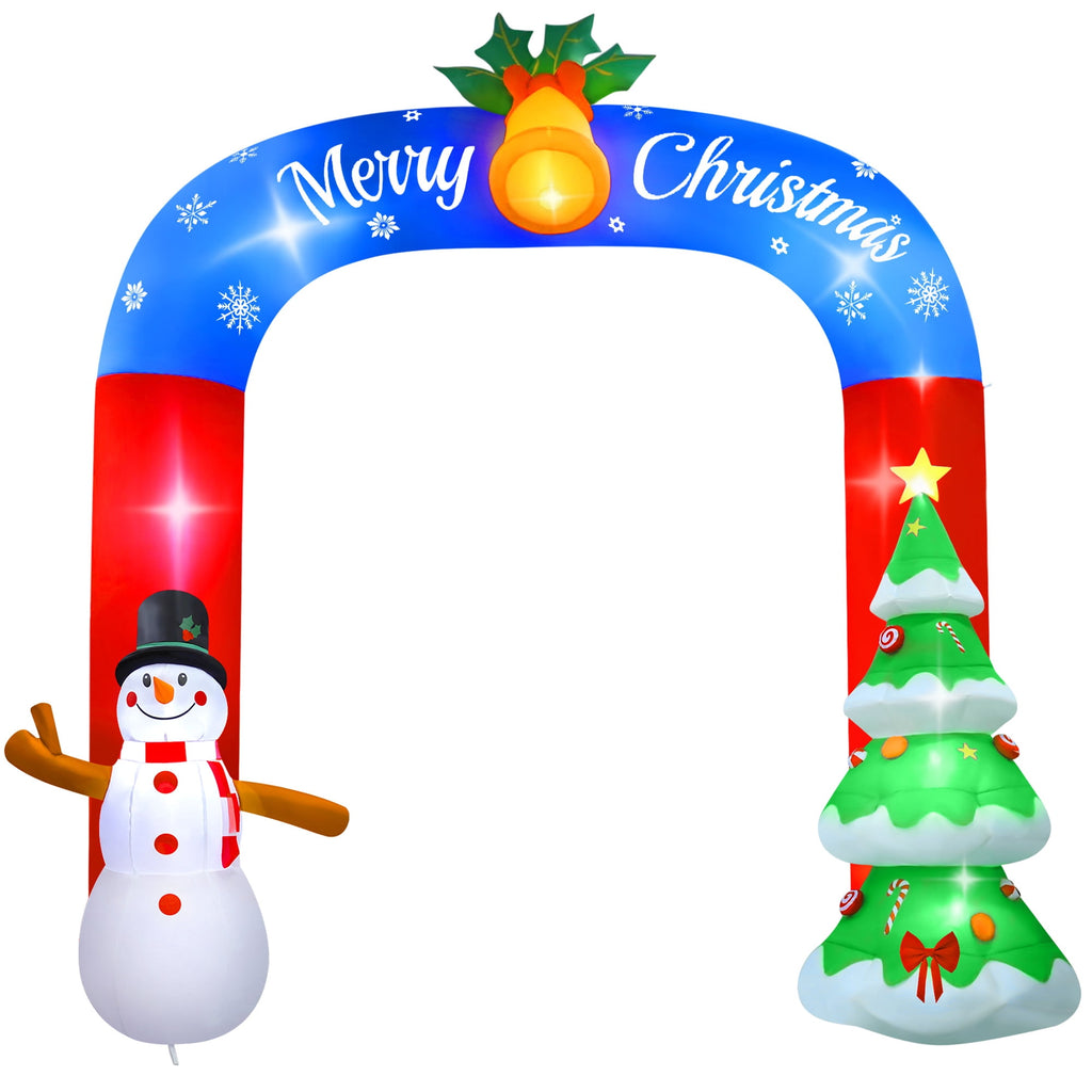 Yexmas 8FT Christmas Inflatable Archway,Christmas Blow Up Yard Decorations with Santa Claus and Snowman,Outdoor Christmas Decorations with Bow LED Lights