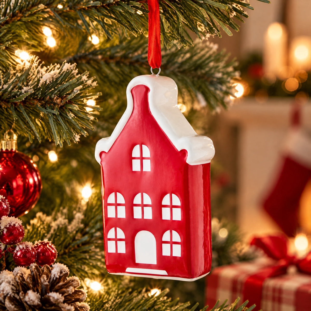 Red and White Ceramic House Christmas Ornament, 5.5", by Holiday Time