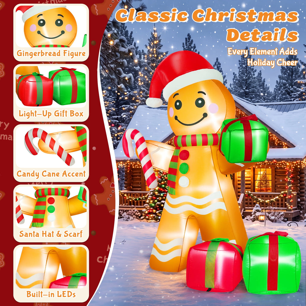 Yexmas 6FT Christmas Inflatable Gingerbread Man with Candy Cane and Gift Boxes, Blow Up Outdoor Yard Decor with Built-In LED Lights for Lawn Garden