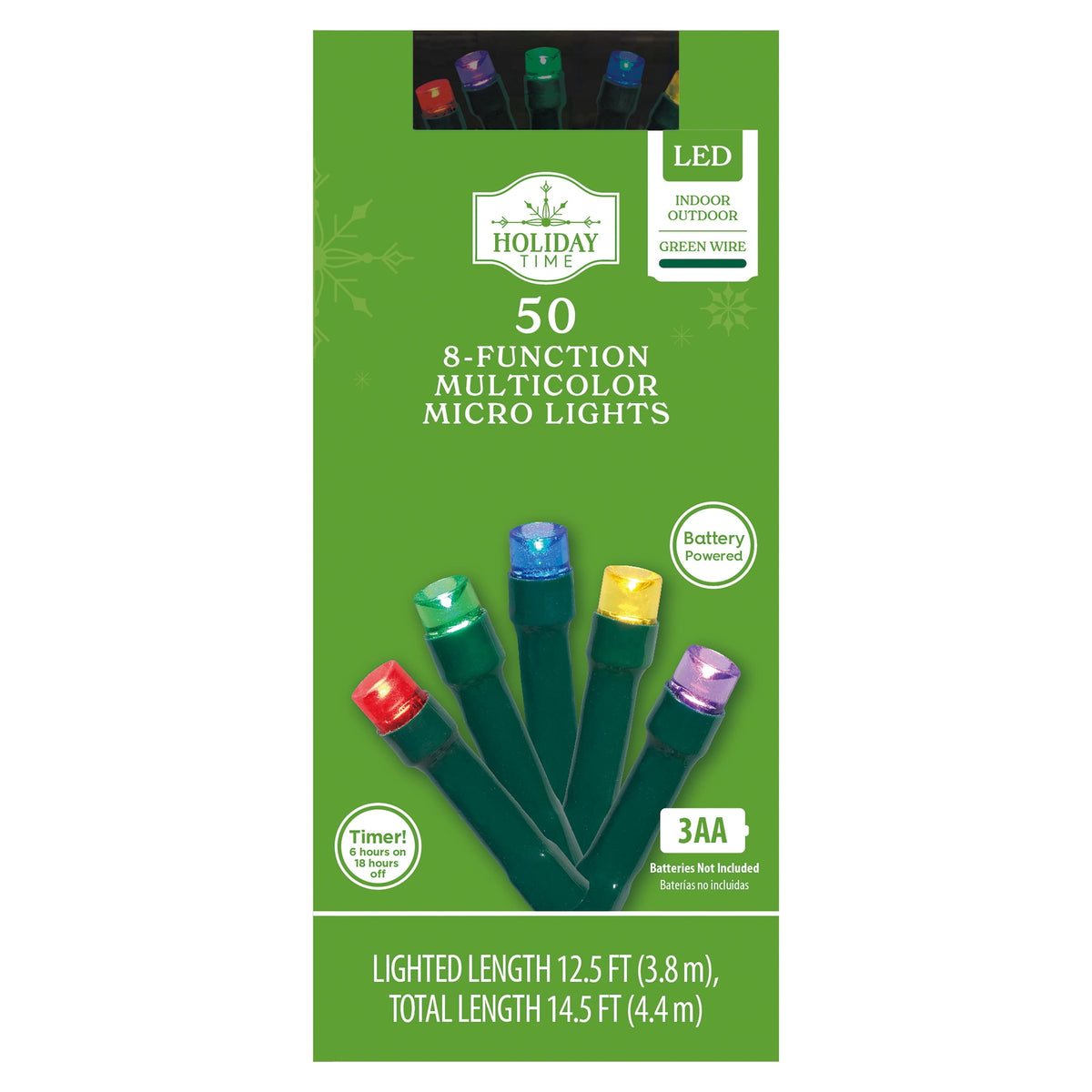 Indoor/Outdoor 50-Count Battery-Operated LED 8-Function Micro Christmas String Lights, Warm White, Green Wire, 12.5', by Holiday Time