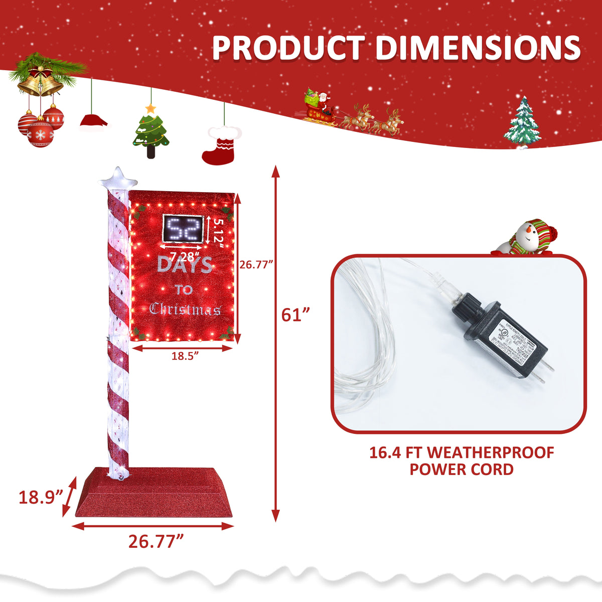 VEIKOUS 5ft Lighted Countdown to Christmas Sign W/125 LED Lights and Remote Control for Christmas Decoration