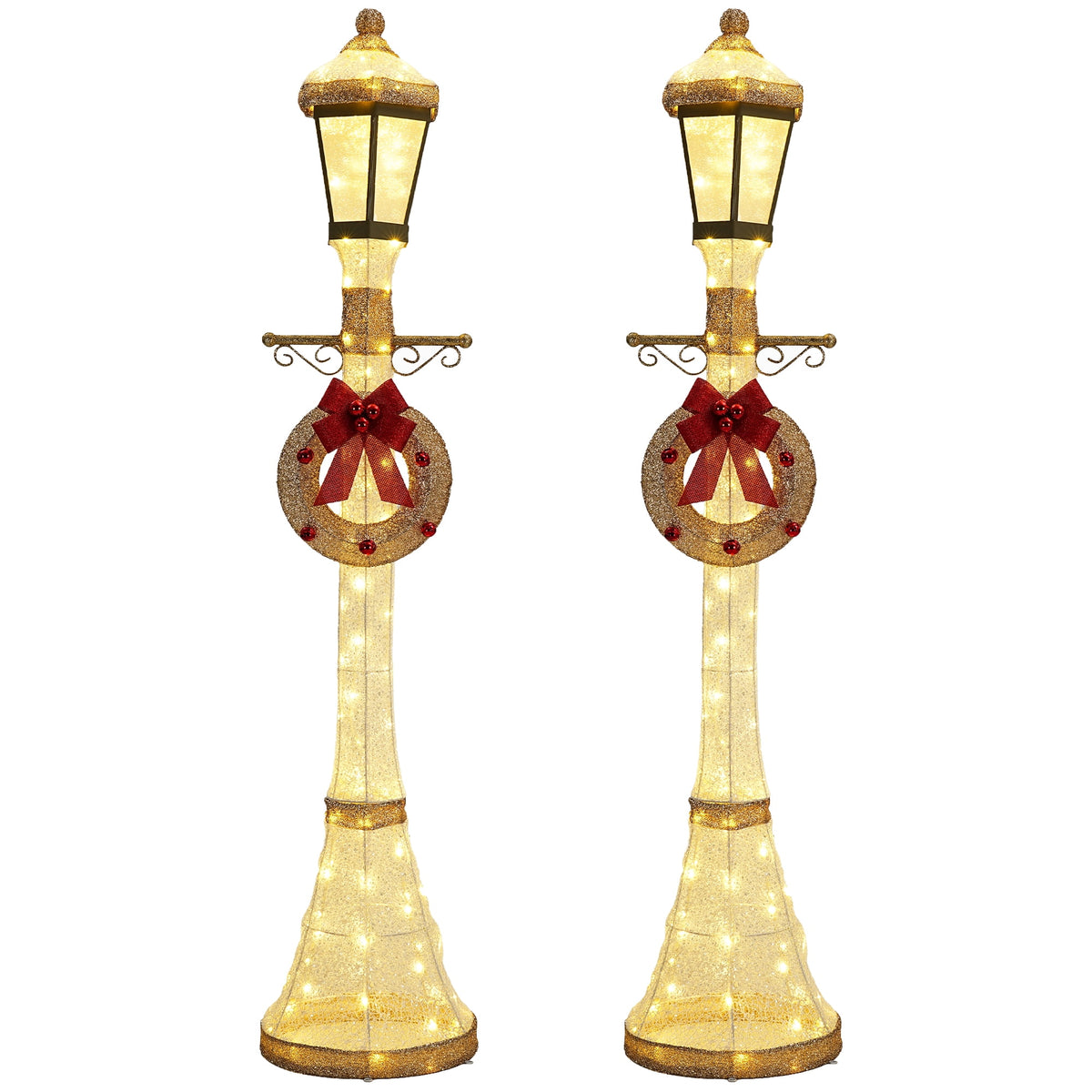 FOOWIN 6FT Christmas Lamppost Set of 2, Outdoor Christmas Lamp Post Decoration with 120 LED Lights, Holiday Porch Lamp Post Decor, Gold