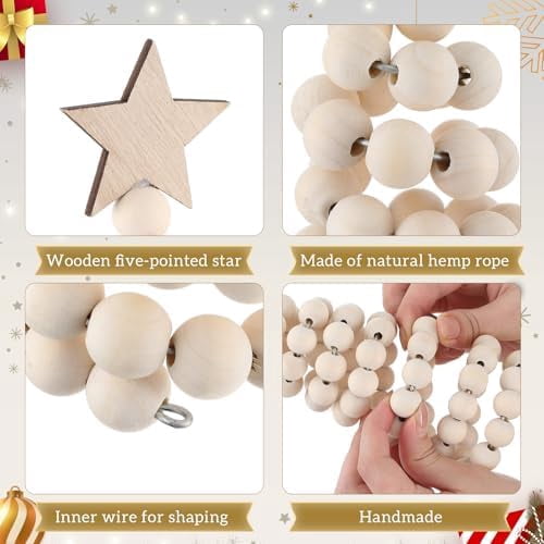 3 Pcs Christmas Tree Decor 3 Sizes 6/8/10 Inch Small Boho Artificial Christmas Tree Tabletop Decor for Home Shelf Mantel Table Party Supplies(Bead Style,Wood)