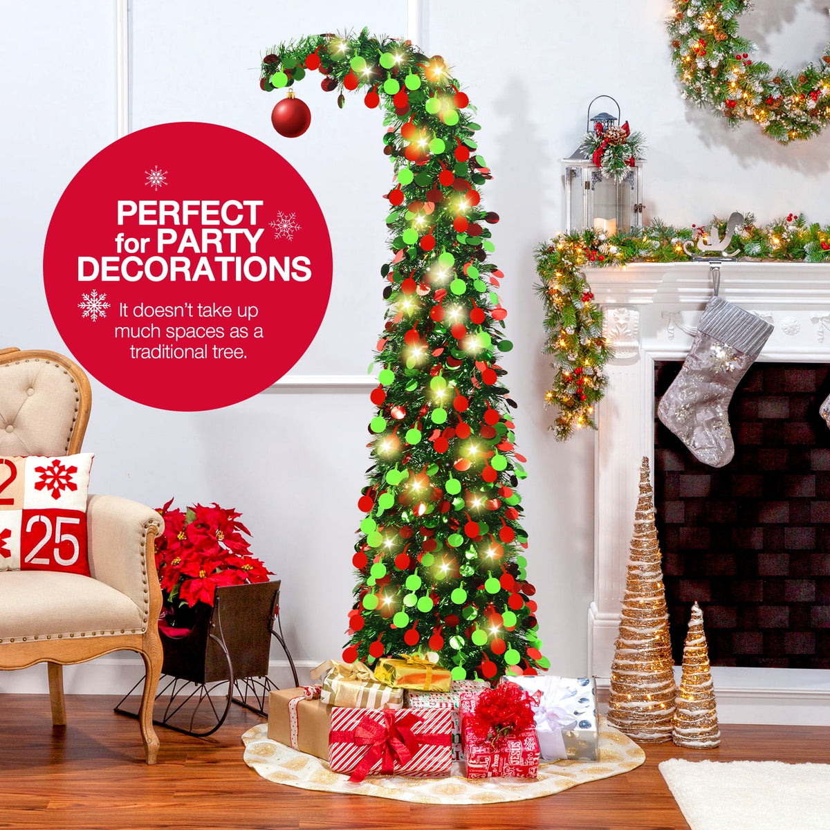 Ayieyill 5ft Pencil Christmas Tree, Collapsible Xmas Tree with Lights, Pop Up Tinsel Tree for Christmas Decorations Indoor, Pink White