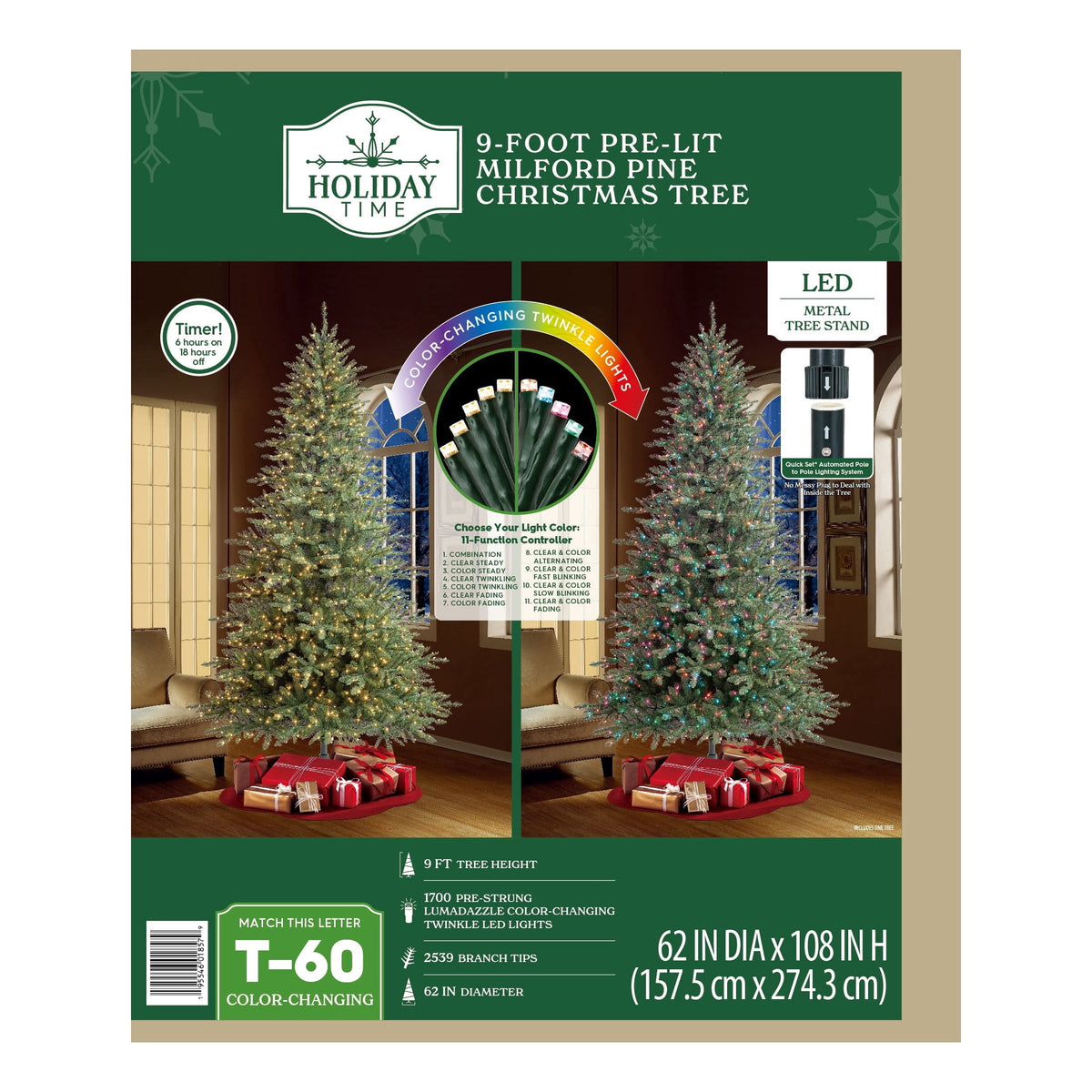 7.5' Pre-Lit Milford Pine Green Artificial Christmas Tree with LumaDazzle Color-Changing Twinkle LED Lights, Quick Set, and Stand, by Holiday Time