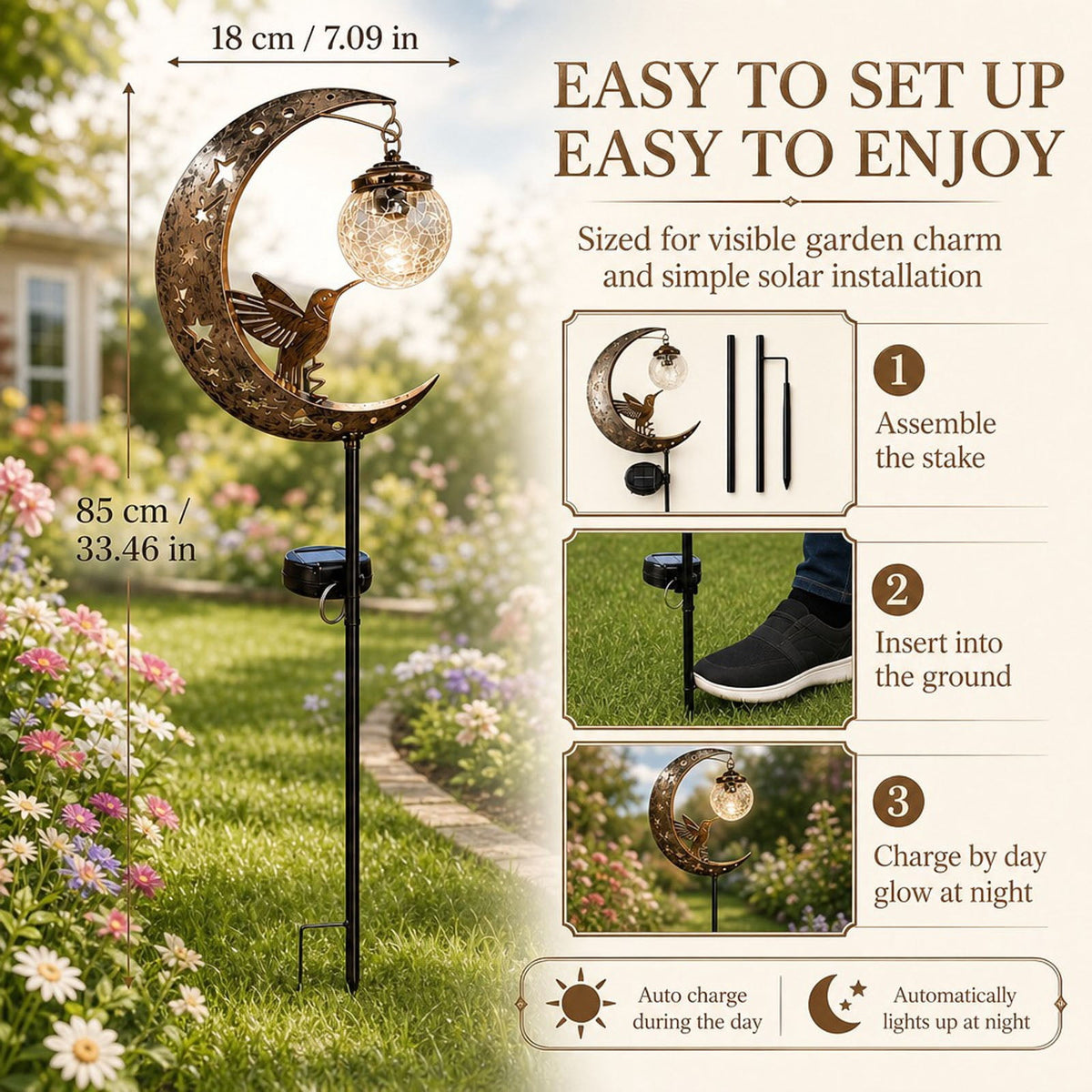 Hummingbird Moon Solar Garden Stake Light Half Moon LED Pathway Decor Crackle Hanging Glass Globe Ball Metal Crescent for Outside Yard Lawn Decor