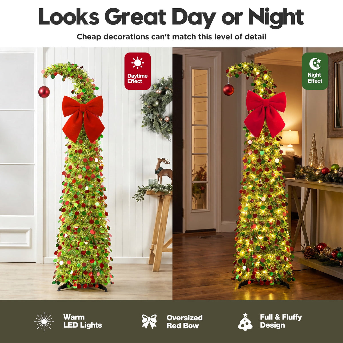 Ayieyill Christmas Tree 5FT Pencil Christmas Tree, Collapsible Pop up Tinsel Tree for Christmas Decorations Indoor, Pink