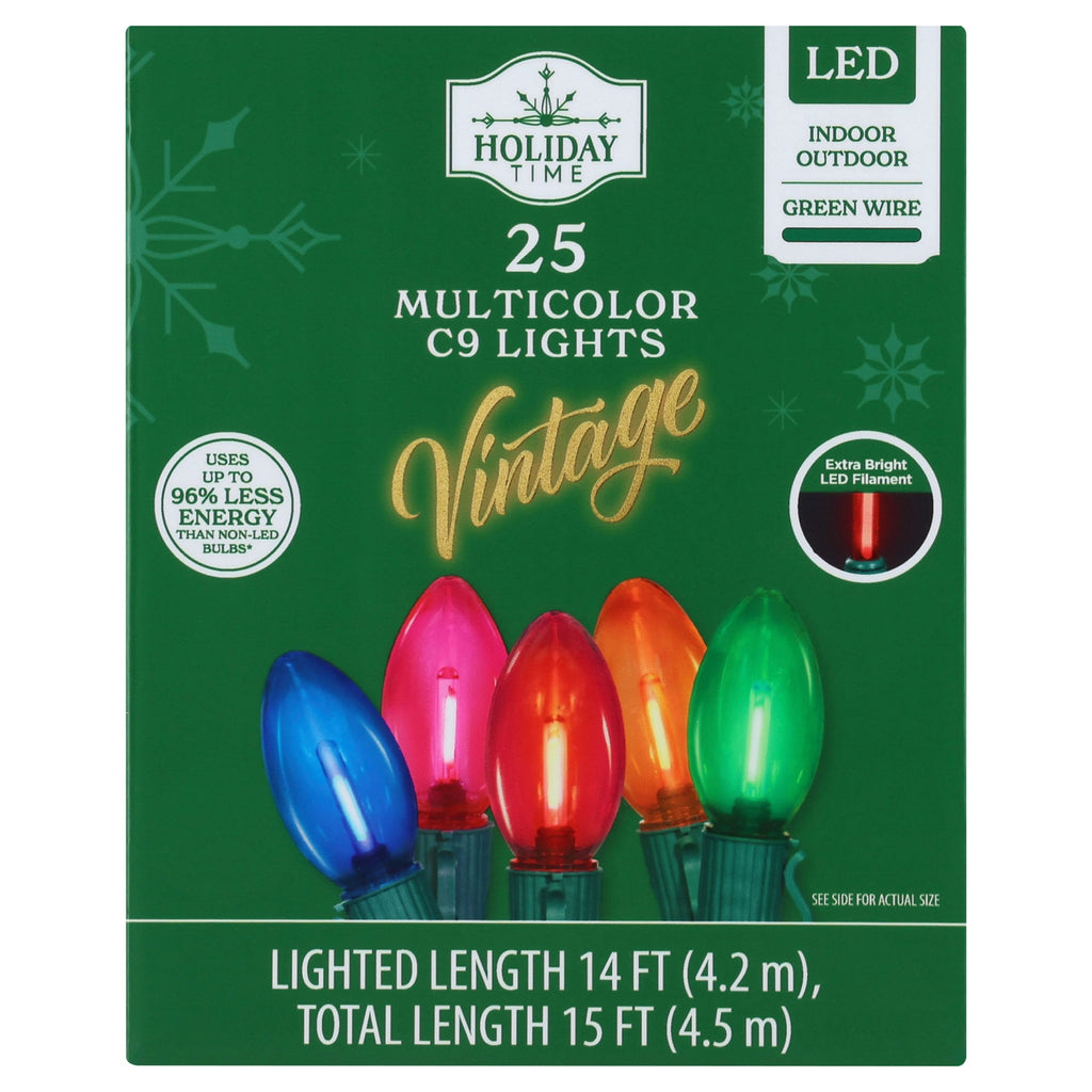 Indoor/Outdoor 25-Count LED Extra Bright Vintage-Style C9 Christmas String Lights, Warm White, Green Wire, 14', by Holiday Time