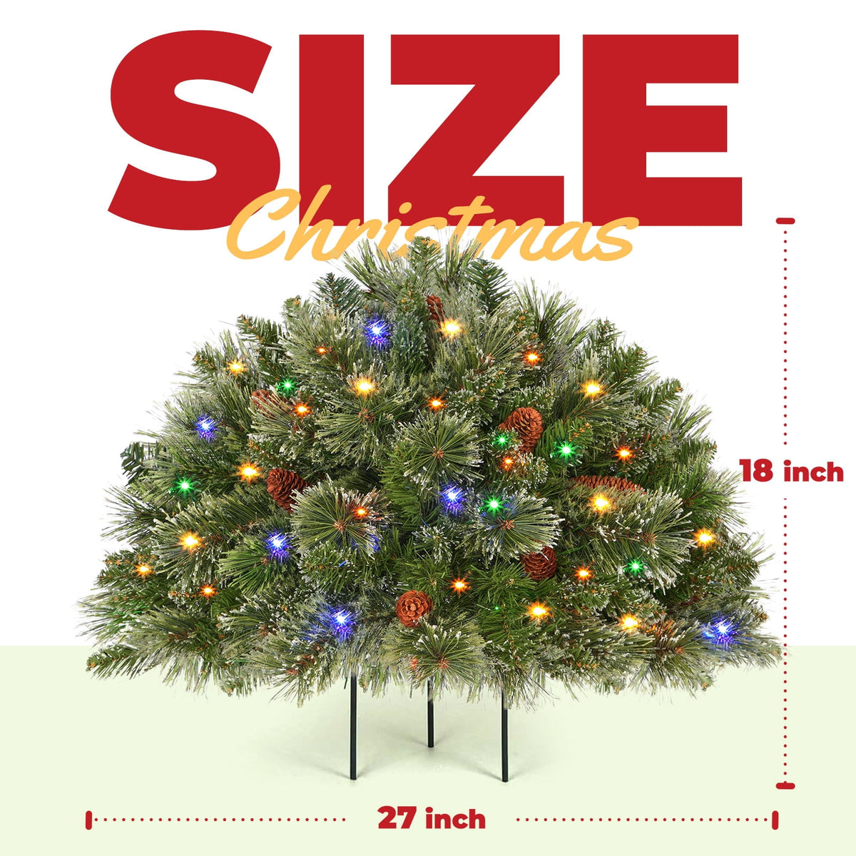 OasisCraft Outdoor Christmas Tree Frosted Urn Filler, Pre-lit Artificial Xmas Tree with Cones & Red Berries, 18 Inch Small Christmas Tree with 50 Warm Lights