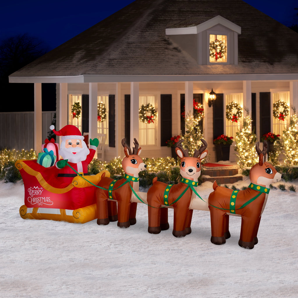 Multicolor Santa's Sleigh with Reindeer Christmas Airblown Yard Inflatable, 12', by Holiday Time