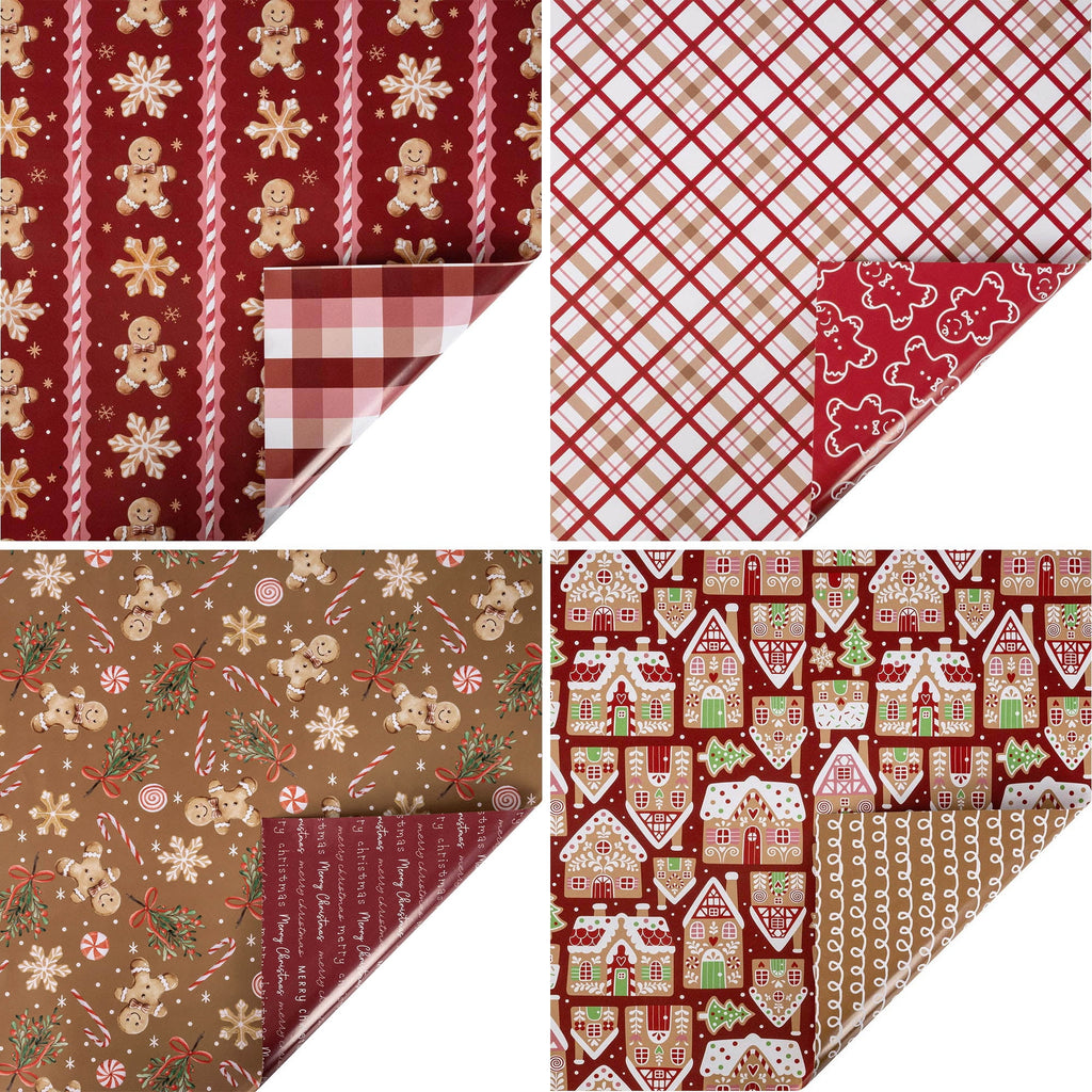 LaRibbons Christmas Wrapping Paper, 30" x 10' Holiday Reversible Gift Wrap Kit, Gingerbread Season