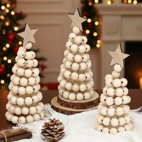 3 Pcs Christmas Tree Decor 3 Sizes 6/8/10 Inch Small Boho Artificial Christmas Tree Tabletop Decor for Home Shelf Mantel Table Party Supplies(Bead Style,Wood)