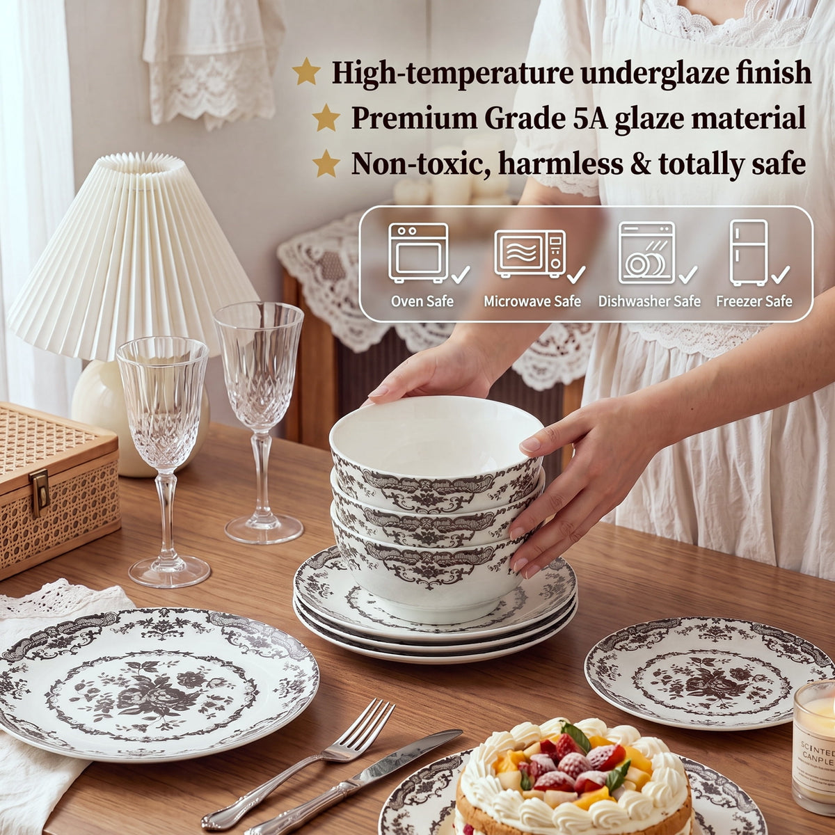Onader 12 Piece Tableware Set, Rose Floral Dinnerware Set for 4, Ceramic Plates and Bowls Sets for Home Kitchen Restaurant, Scratch Resistant & Microwave Safe, Red