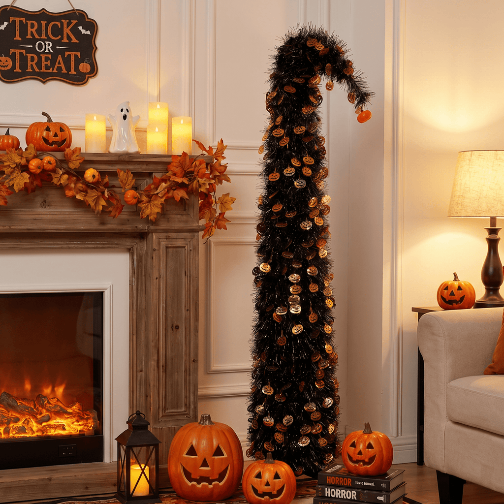 6FT Slim Pop Up Halloween Thanksgiving Tree with Fairy Lights Harvest Tree with Maple Leaves Pumpkins Foldable Collapsible Pencil Fall Tree for Outdoor Porch Patio Deck Living Room Decor