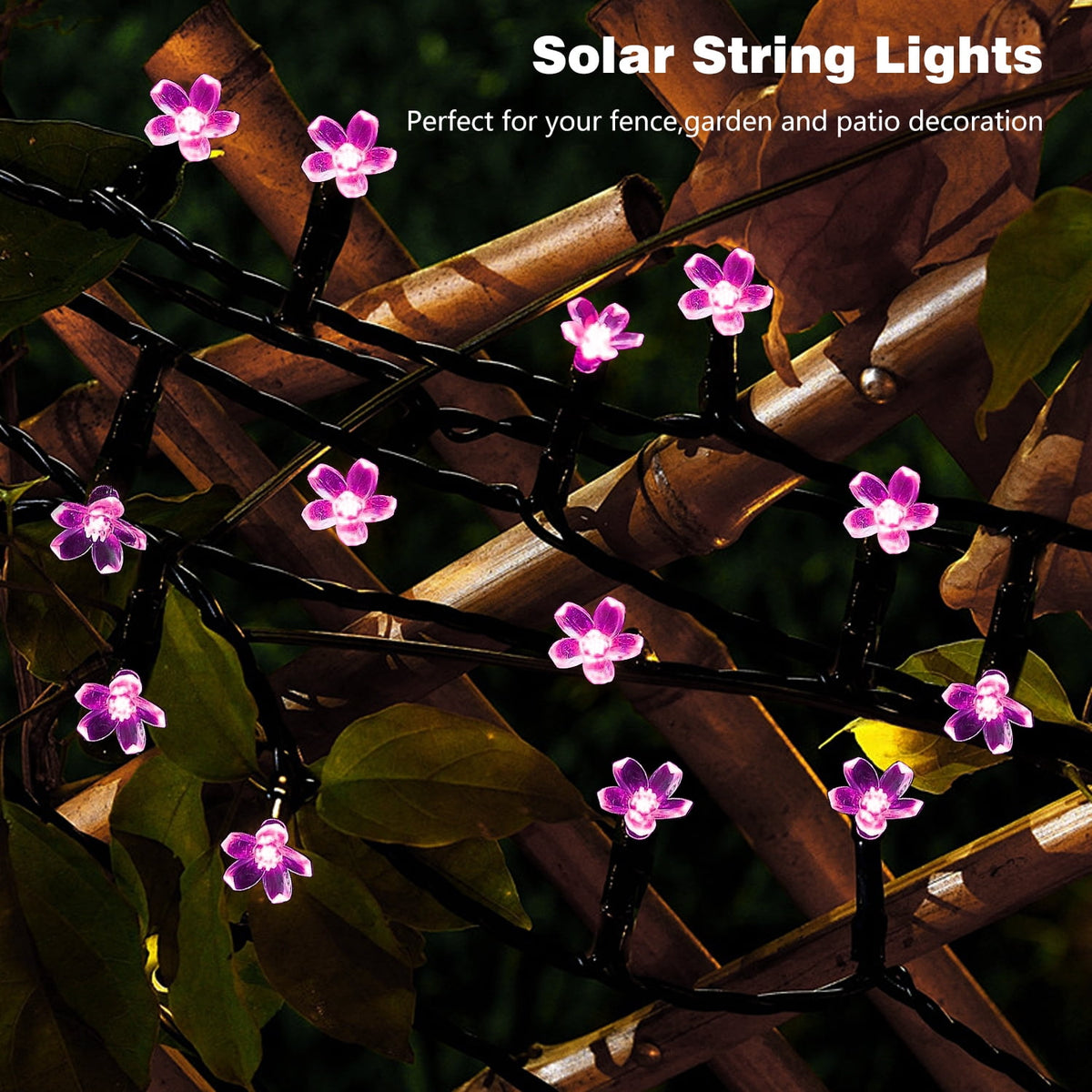 Rirool Cherry Blossom Solar String Lights Outdoor, 23FT 50 LED Flower Fairy Lights with 2 Lighting Modes, IP65 Waterproof Auto On/Off for Garden Patio Wedding Christmas Decor, Multicolor