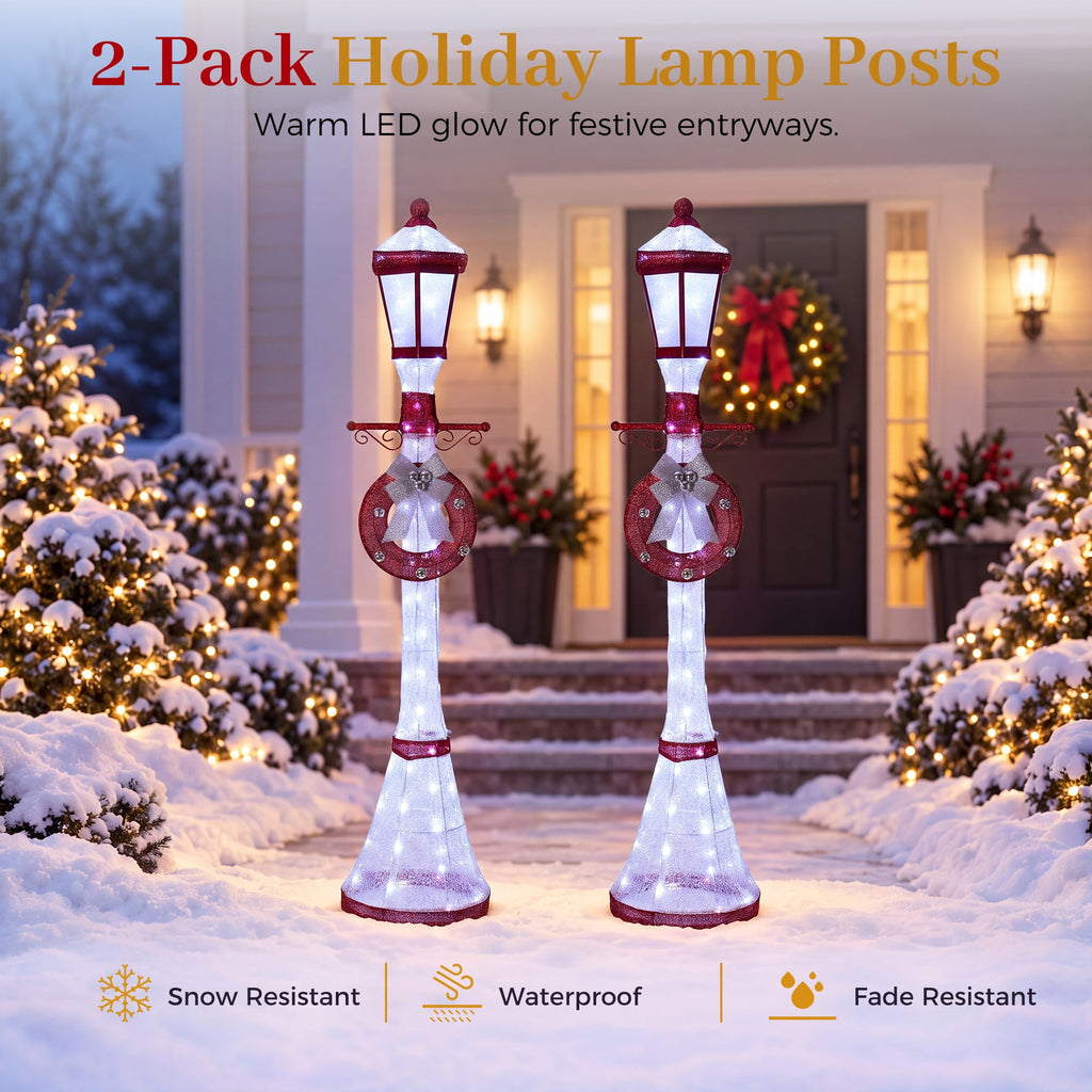 FOOWIN 6FT Christmas Lamppost Set of 2, Outdoor Christmas Lamp Post Decoration with 120 LED Lights, Holiday Porch Lamp Post Decor, Gold