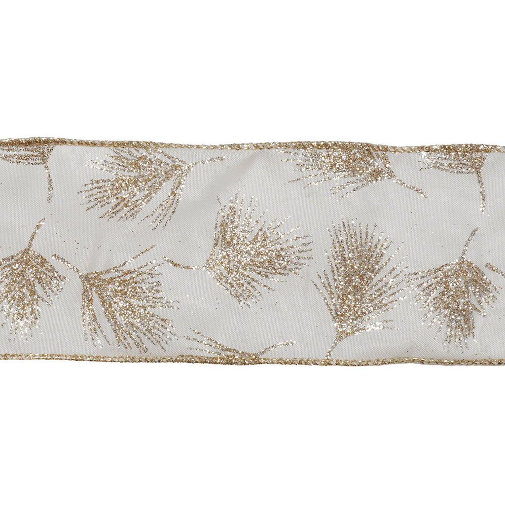 Cream and Gold Glitter Pine Sprig Christmas Ribbon, 2.5" x 25', by Holiday Time