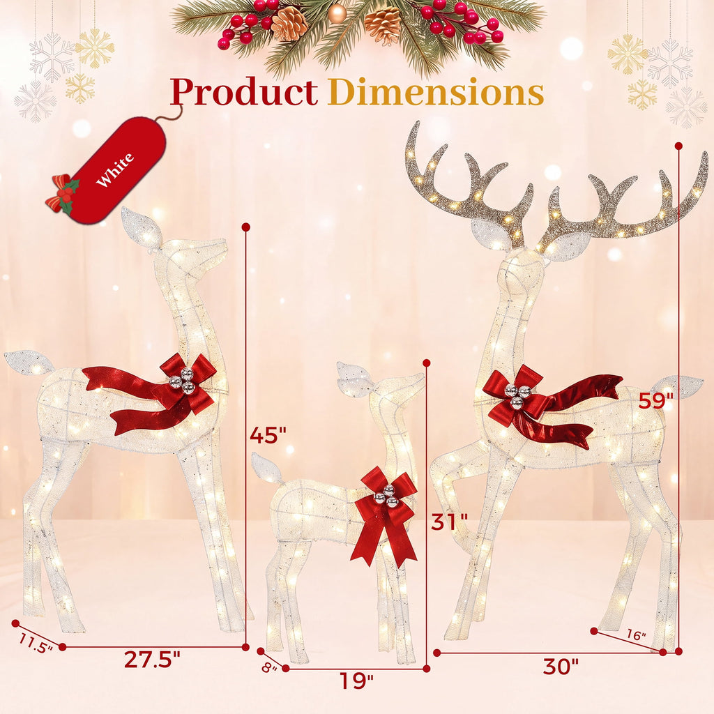 FOOWIN 3-Piece Large Christmas Deer Family, Lighted Outdoor Christmas Decoration, Champagne Gold