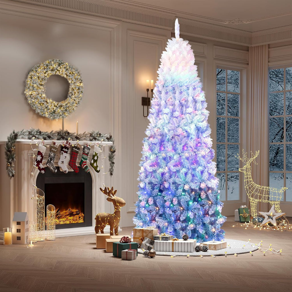 6ft Blue Gradient Snow Flocked Pencil Christmas Tree, Slim Artificial Holiday Decor with Sturdy Metal Stand, Flame-Retardant PVC, for Home, Party