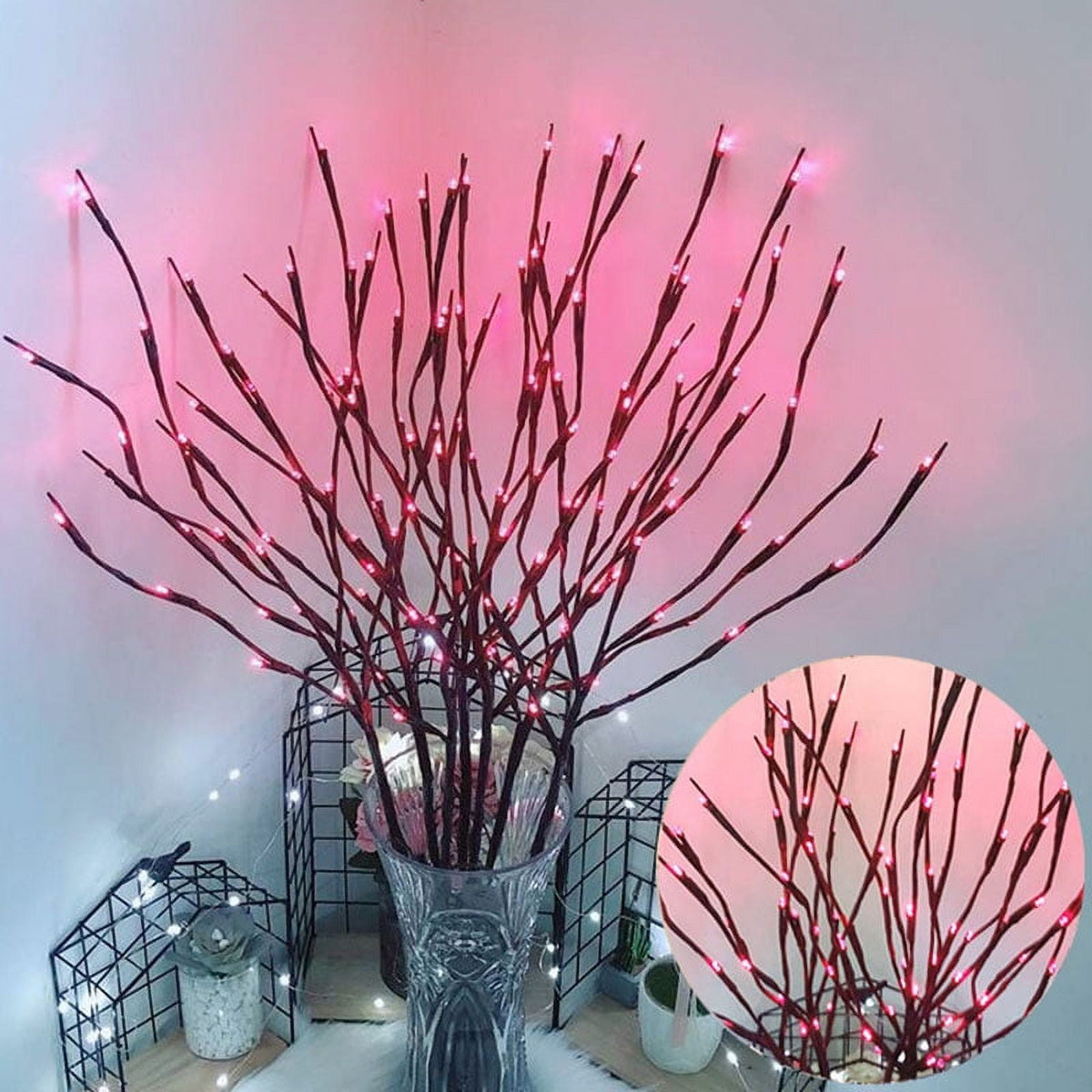 3 Pack Lighted Branches for Vases Plug in - Christmas DIY Twig Pathway Lights with 60 LED Bulbs, Artificial Tree Bendable Xmas Fairy Lights with Stakes(Vase NOT Included)