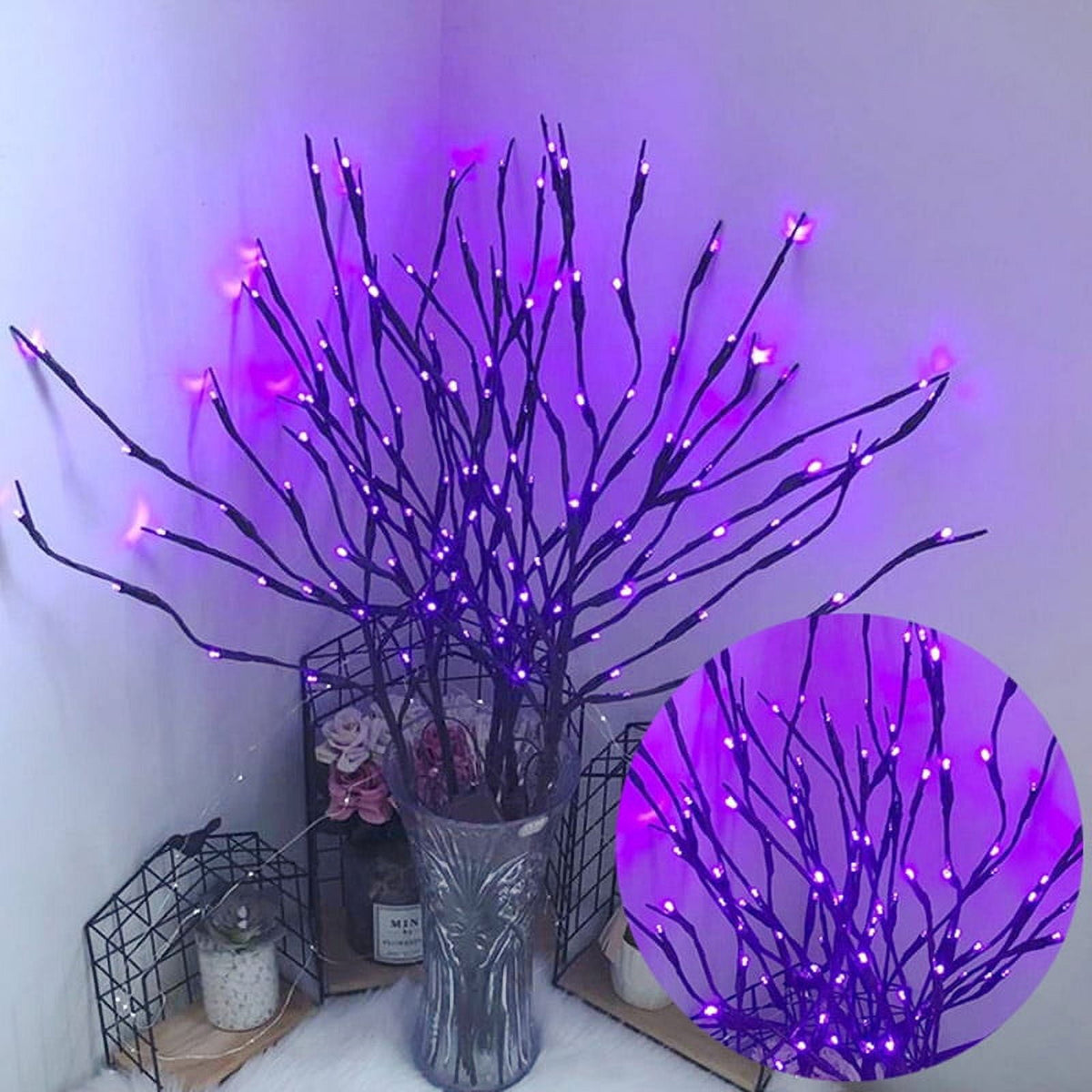 3 Pack Lighted Branches for Vases Plug in - Christmas DIY Twig Pathway Lights with 60 LED Bulbs, Artificial Tree Bendable Xmas Fairy Lights with Stakes(Vase NOT Included)