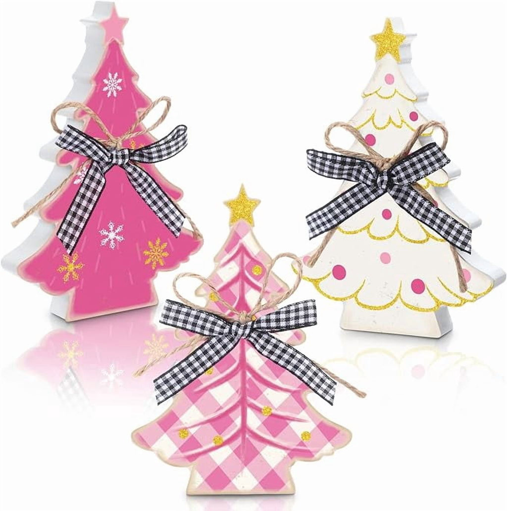 3 Piece Pink Wooden Christmas Tree Tabletop Decorations Rustic Farmhouse Holiday Centerpieces