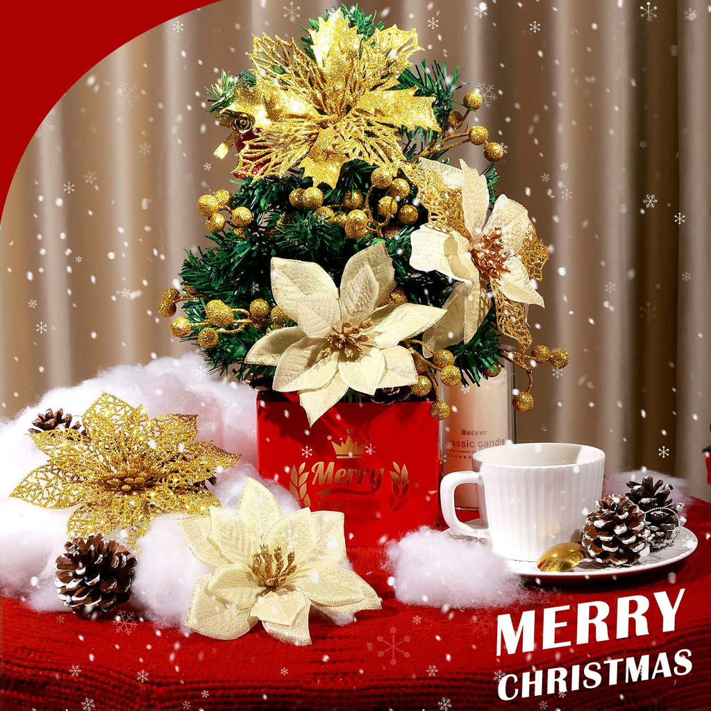 Ayieyill 56Pcs Poinsettia Christmas Flowers Decorations Christmas flower ornaments Artificial Glitter Berry Stems Christmas Pine Cones Christmas Tree Ornaments Set Christmas Tree Decorations (Blue)