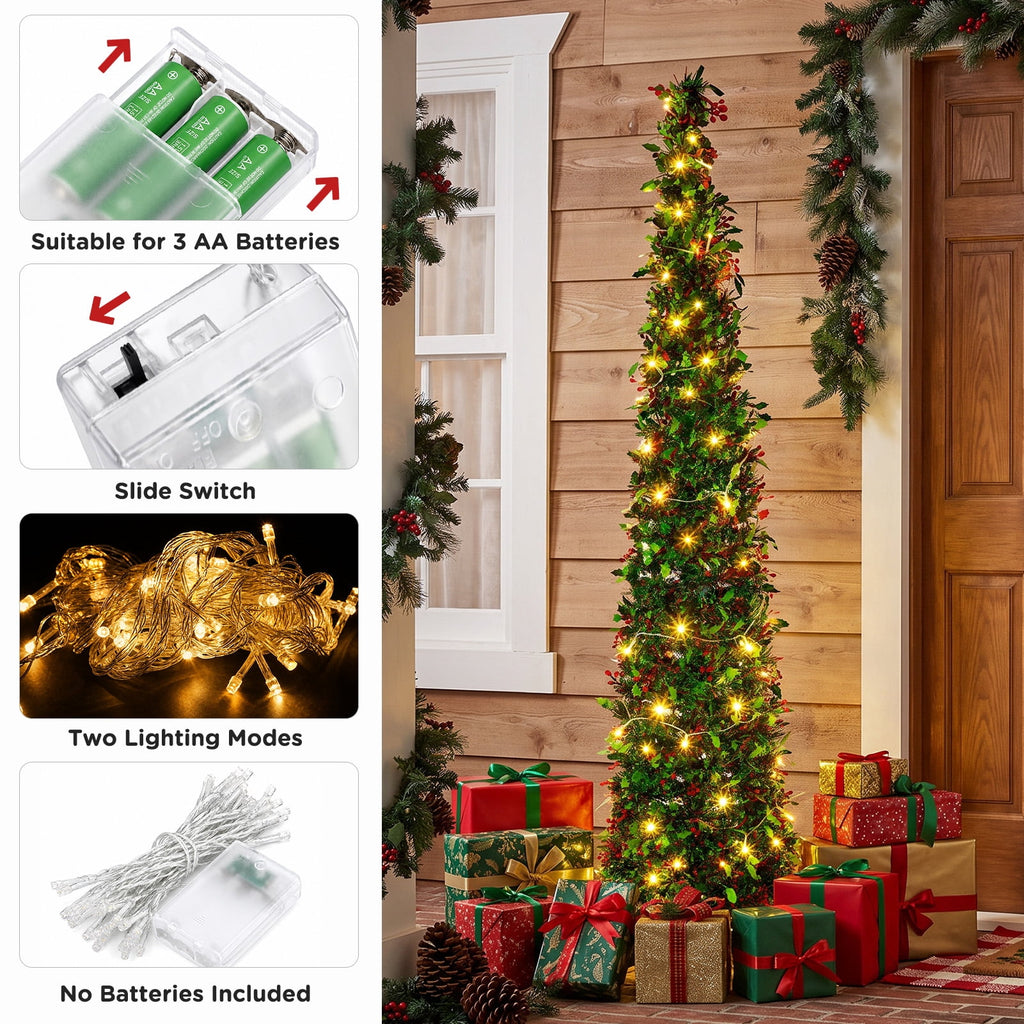 Ayieyill 5ft Pencil Christmas Tree, Collapsible Xmas Tree with Lights, Pop Up Tinsel Tree for Christmas Decorations Indoor, Pink White