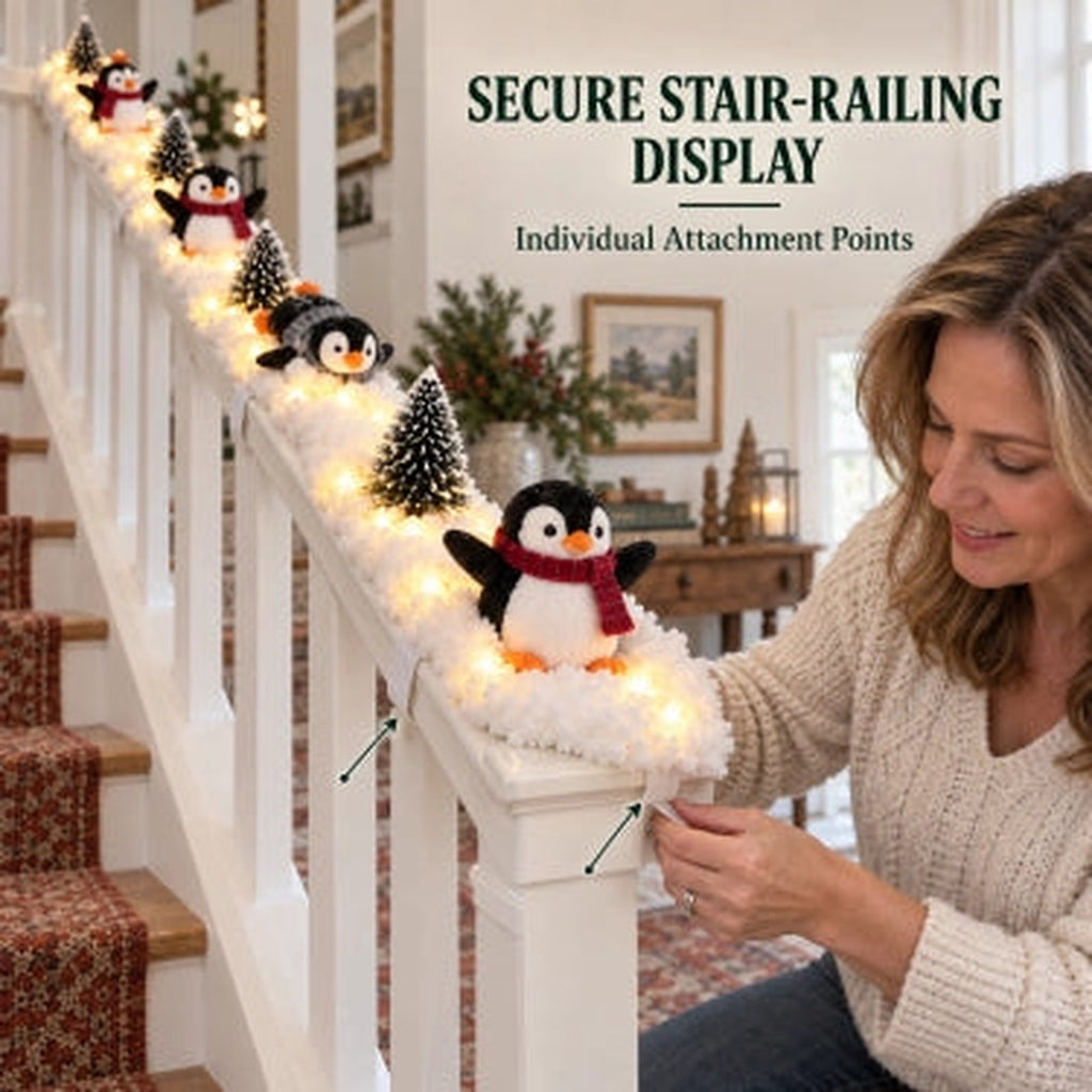 5Pack Penguin Christmas Stair Snow Decor Set,Festive Railing Accent with Playful Winter Scene,