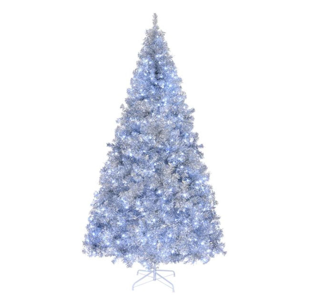 8ft Pre-Lit Silver Christmas Tree, 1350 Tips, 500 Lights, Hinged Xmas Pine Tree with Remote, Indoor Holiday Decorations