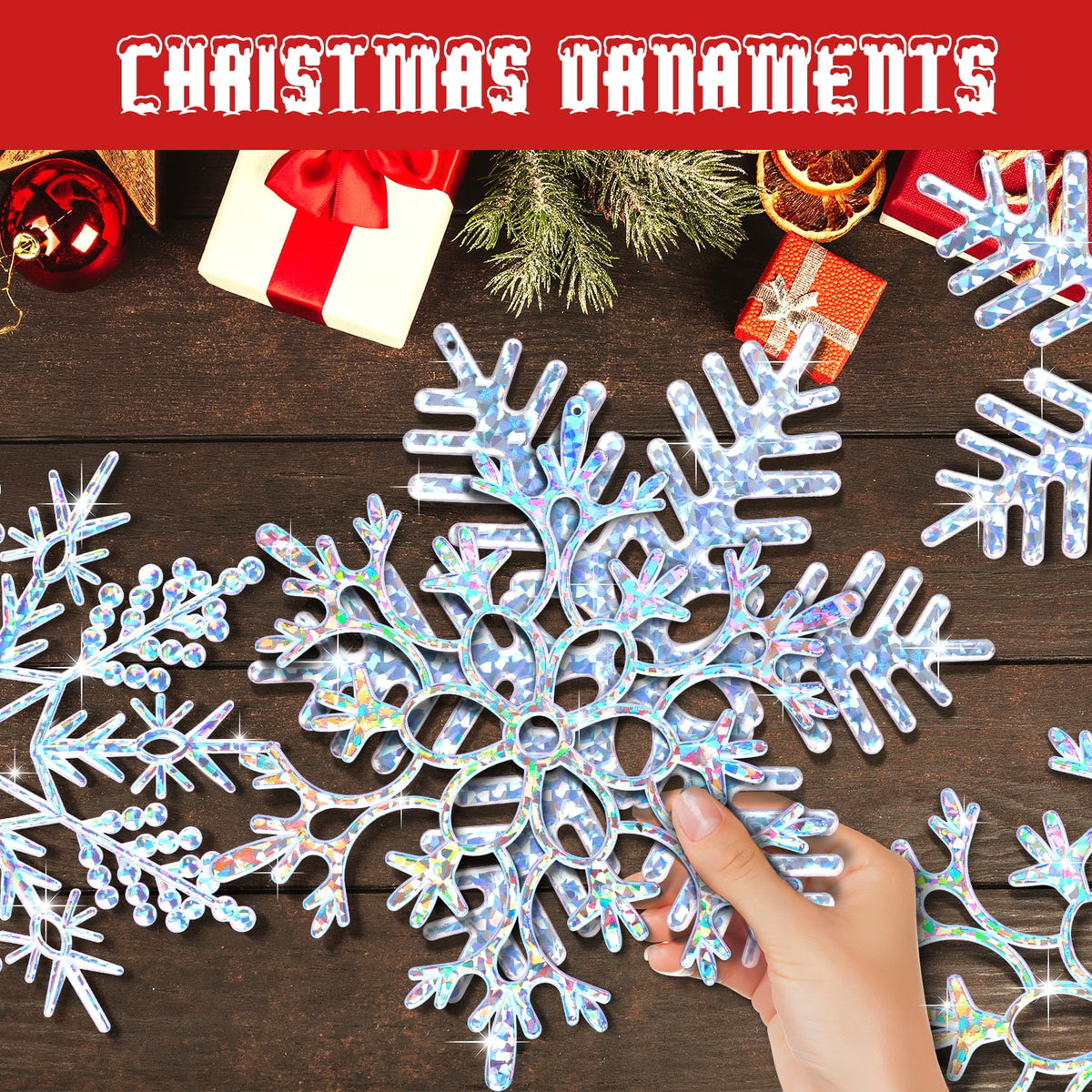 Ayieyill 6 Pieces Large Snowflakes Ornaments 12'' Glittered Snowflakes Decorations Christmas Hanging Snowflake Decorations for Winter Christmas Tree Decorations Craft Snowflakes (Iridescent)