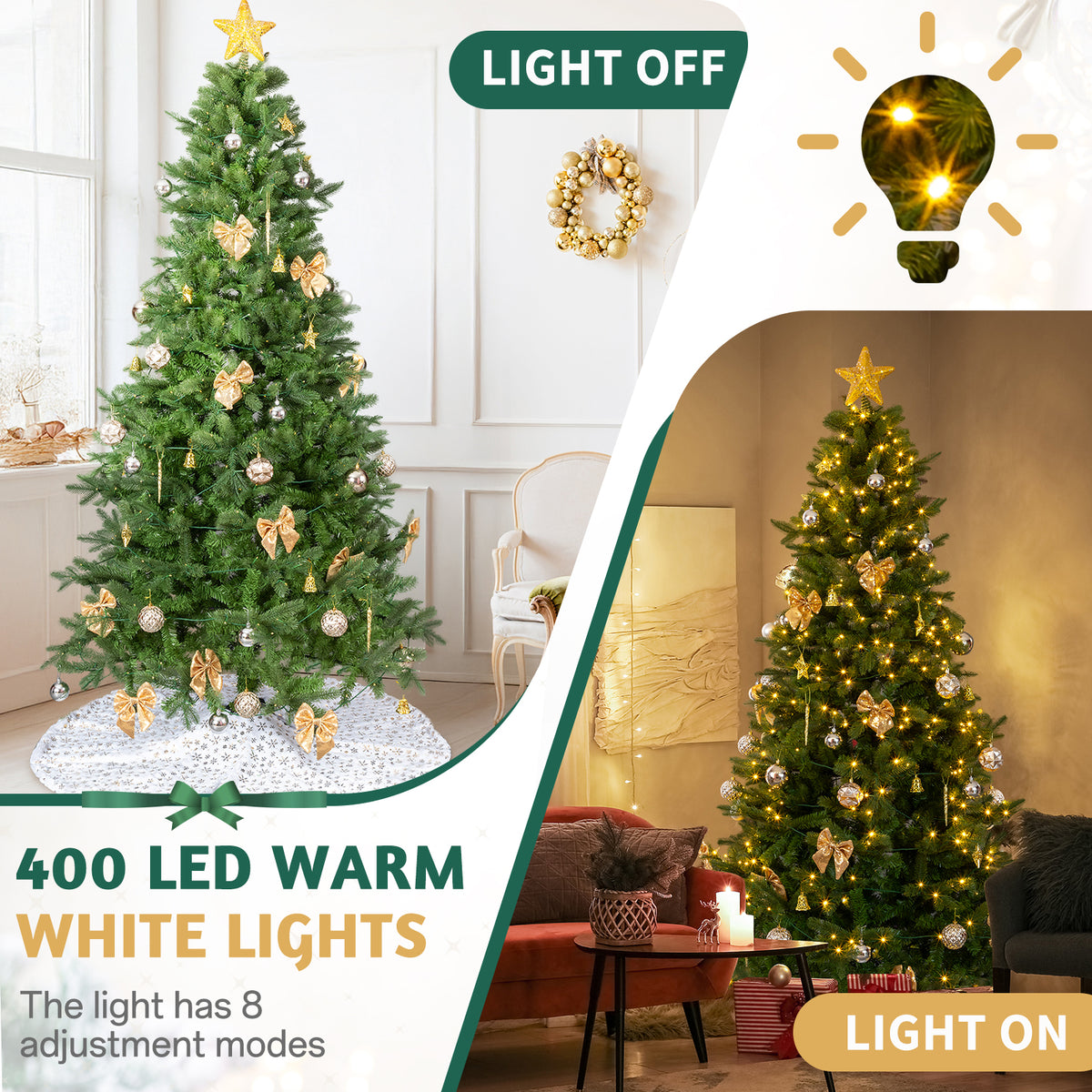 UBesGoo 7.5ft DIY Christmas Tree, Hinged Artificial Pine with 400 Warm LEDs & Golden Ornaments, Includes Tree Skirt, Green