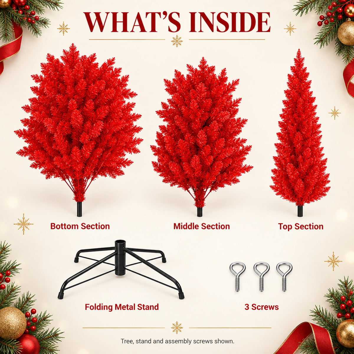 Ahititi 7 FT Red Christmas Tree, Slim Artificial Pencil Tree with 950 PVC Tips, Hinged Branches & Folding Stand, Holiday Decor