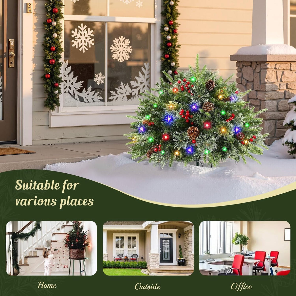 Lolsea Set of 2 18 Inch Pre-lit Outdoor Christmas Tree with Multi-Color Lights, Timer, Battery Operated, Lighted Pathway Urn Filler with Pine Cones