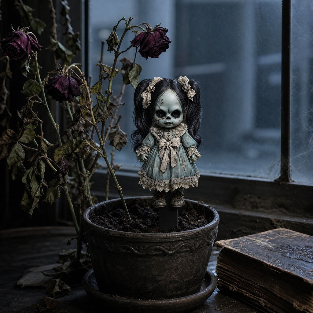 erdimoy 7.87in Tall Creepy Vintage Horror Doll Yard Stakes, 2D Waterproof Acrylic Spooky Ghost Doll Lawn Plug-In Ornaments, Scary Graveyard Garden Pathway Decor for Halloween Outdoor