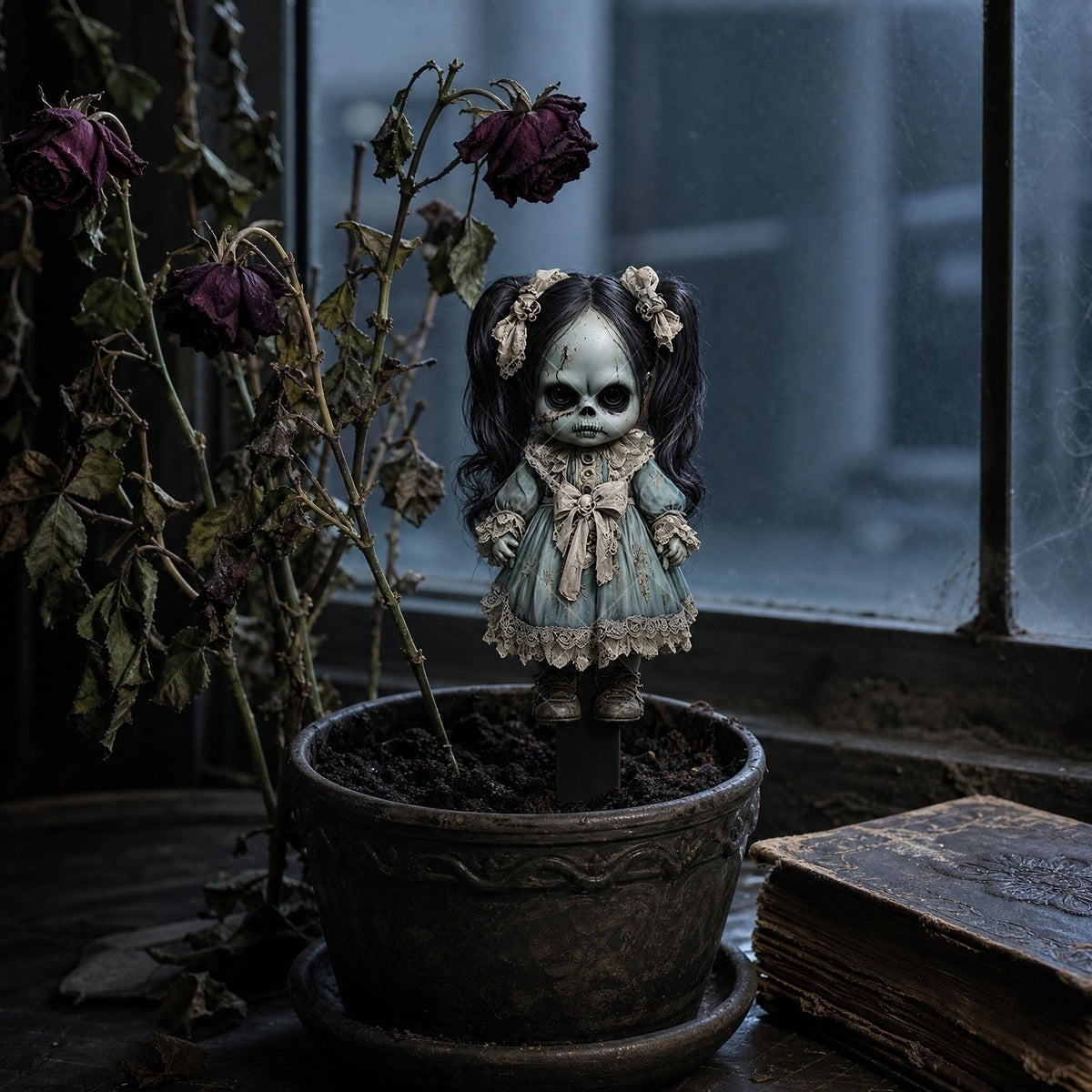 erdimoy 7.87in Tall Creepy Vintage Horror Doll Yard Stakes, 2D Waterproof Acrylic Spooky Ghost Doll Lawn Plug-In Ornaments, Scary Graveyard Garden Pathway Decor for Halloween Outdoor
