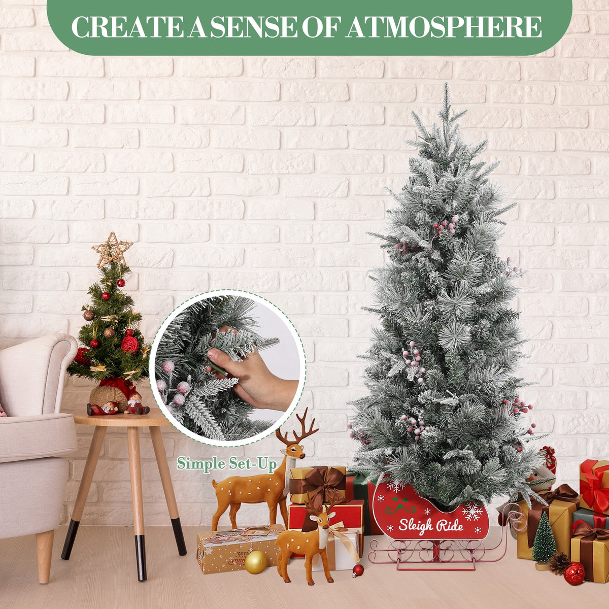Somikis 3ft Pre-Lit Artificial Mini Christmas Tree with 78LED Lights, 8 Mode Includes Red Berries & Sleigh Base, 2 Pcs