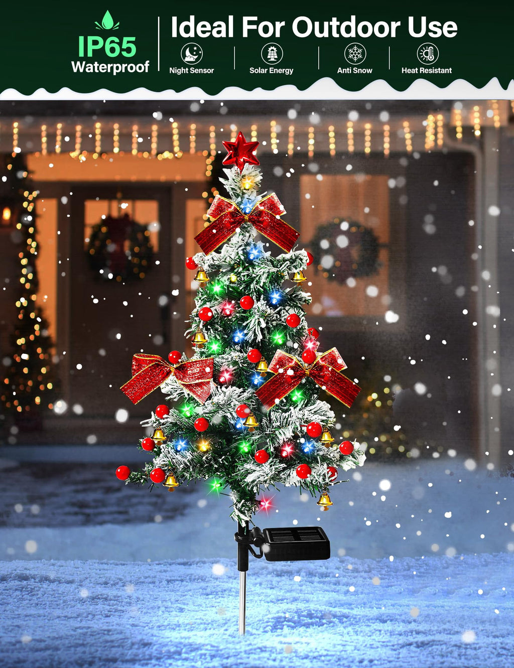COCOBELA 2PCS Solar Christmas Trees Lights Outdoor Decor Waterproof, 40LED Small Metal Xmas Tree Pathway Lights, Garden Stake Lights Yard Decor with Snow 2 Modes for Path Lawn Patio