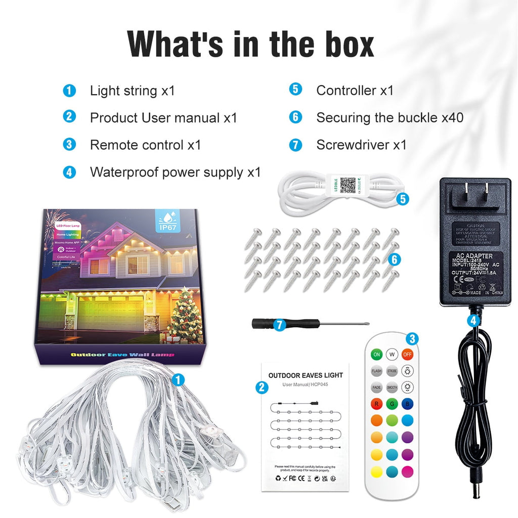 50ft RGB+IC Permanent Outdoor Eaves Lights With App & Remote Control, IP67 Waterproof LED Rain Gutter Lights for Year-Round Christmas Halloween, Valentine's Day, Holiday, Party Outdoor Decor