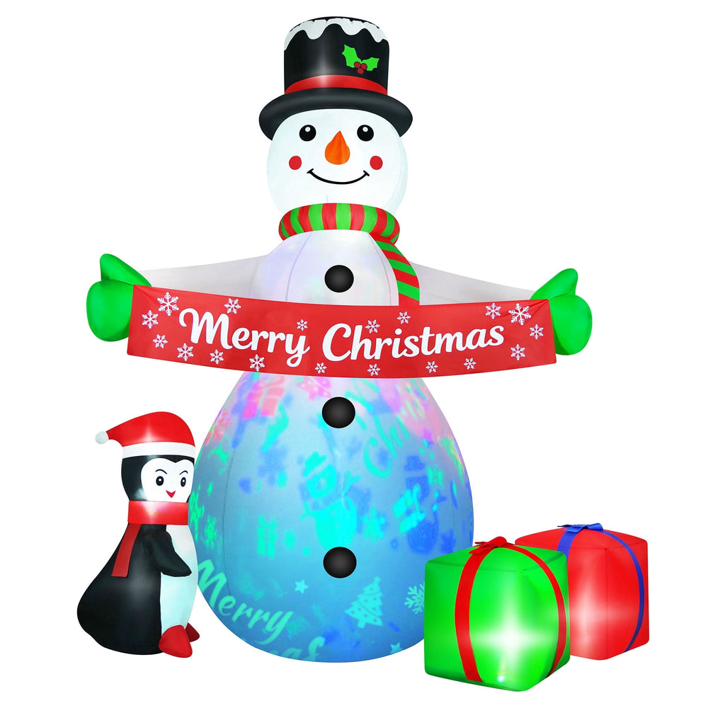Yexmas 8FT Christmas Inflatable Snowman Blow Up Yard Decor with 360° Colorful Projection, Music On/Off, Penguin, Gift Boxes, Merry Christmas Banner for Outdoor Yard Decor