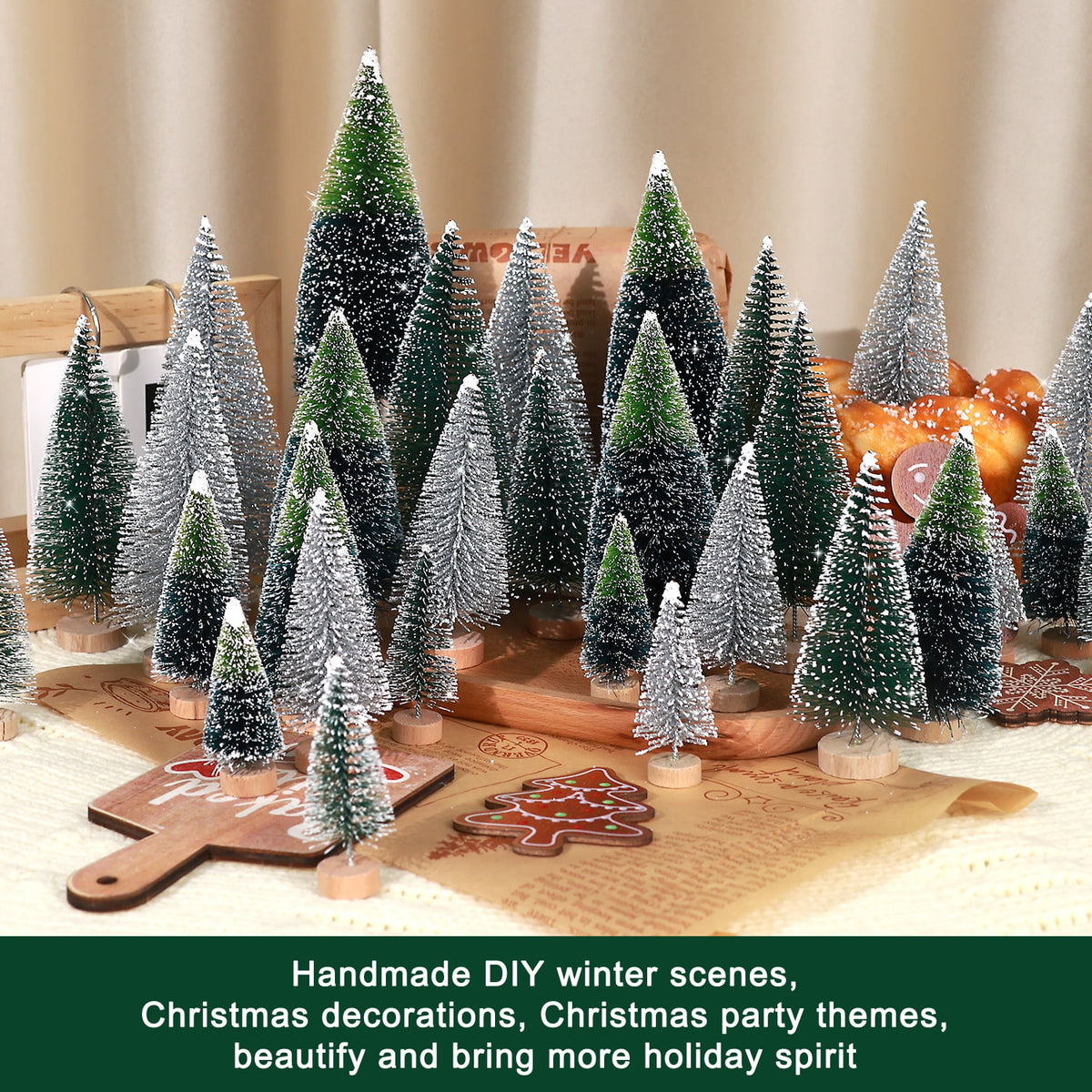 Ayieyill 30PCS Artificial Mini Christmas Trees, Mini Pine Tree Sisal Trees with Wood Base Bottle Brush Trees for Christmas Table Top Decor Winter Crafts Ornaments