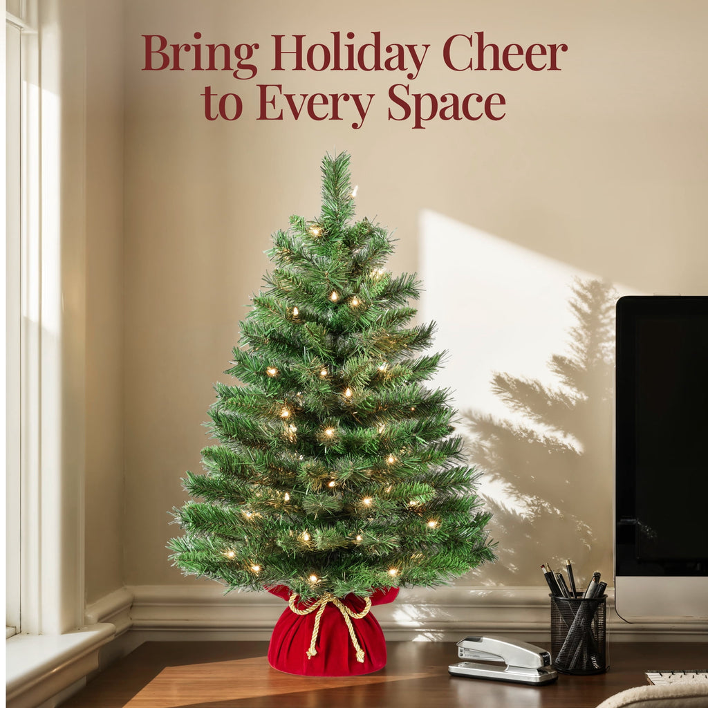 Best Choice Products Pre-Lit 24inch Tabletop Christmas Tree, Small Holiday Artificial Desktop Decor w/Warm White Lights, Red Velvet Cover