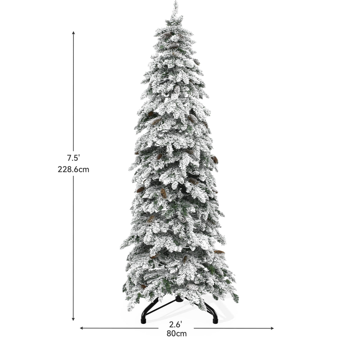 Uforic 7.5ft Snow Flocked Pencil Spruce Artificial Christmas Tree with Pinecones,Pre-Lit Holiday Christmas Pine Tree with with 800 Branch Tips,350 Lights, for Home, Office and Party Decor